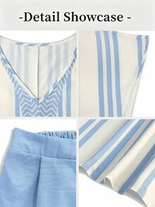 Breezaya Bộ đồ 2 mảnh dành cho nữ, áo cổ chữ V in họa tiết tay cánh dơi, quần short màu trơn, thiết kế sọc tương phản, thích hợp cho mùa hè. - Màu xanh lam - Xem 9