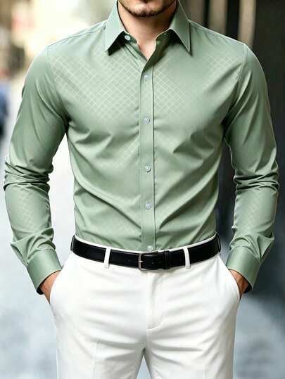 Manfinity Mode Men's Solid Color Slim Fit Casual Long Sleeve Shirt, Fall