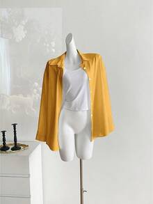 INAWLY Women's Casual Solid Color Button-Up Loose Long Sleeve Shirt - Yellow - View 3