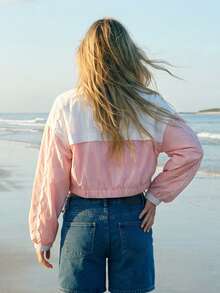 WESTFADE White Autumn Casual Basic Ocean Beach Swimming Holiday Nylon Crochet Lace Colorblock Zipper Front Cropped Sporty Track Jacket For Women Western Boho - Pink - View 2