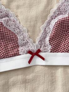 CottageSlumber Delicate Lightweight Plaid Lace Bra, French Style Cute Wireless Triangle Cup Comfortable Bra For Women Summer - Red and White - View 4