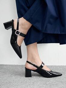 CUCCOO BIZCHIC 尖头粗跟高跟黑色后系带时尚简约舒适通勤百搭派对宴会女士高跟鞋女士露跟鞋 - 黑色漆皮 - 查看 4