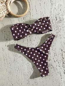Swim Mod Conjunto de bikini bandeau con estampado de lunares para vacaciones en la playa de primavera, estampado aleatorio - Multicolor - Ver 2