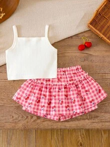 LMoss Kids Set de 2 piezas de camiseta de tirantes de punto sólido con patrón de cereza y pantalones cortos tejidos para niña bebé - Multicolor - Ver 2