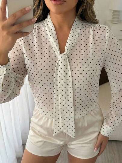 Dazy Plus Áo sơ mi trắng thanh lịch với cổ áo thắt nơ chấm bi, áo khoác cardigan nơ, áo kiểu công sở đa năng, cỡ lớn dành cho nữ mùa xuân/hè.