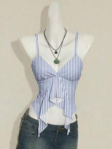 SHEIN ICON 女士复古条纹印花吊带背心，适合外出、街头风、机场穿搭、时尚、Y2K风格、海滩度假 - 彩色 - 查看 4