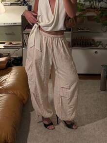 Slaydiva Summer New Casual Basic Fashion Drawstring Pocket Crinkle Linen-Feel Long Harem Pants For Women - A - Apricot - View 2
