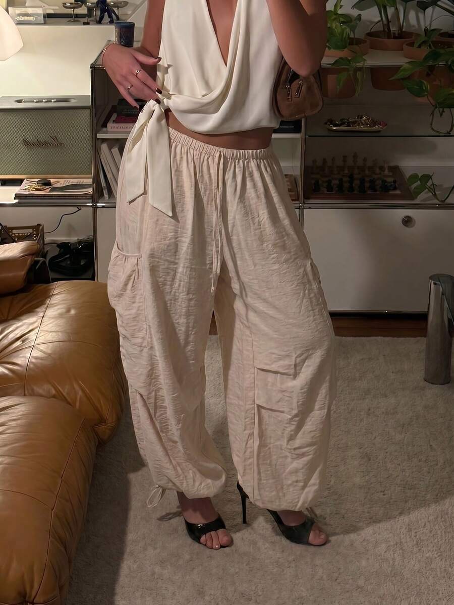 Slaydiva Summer New Casual Basic Fashion Drawstring Pocket Crinkle Linen-Feel Long Harem Pants For Women - A