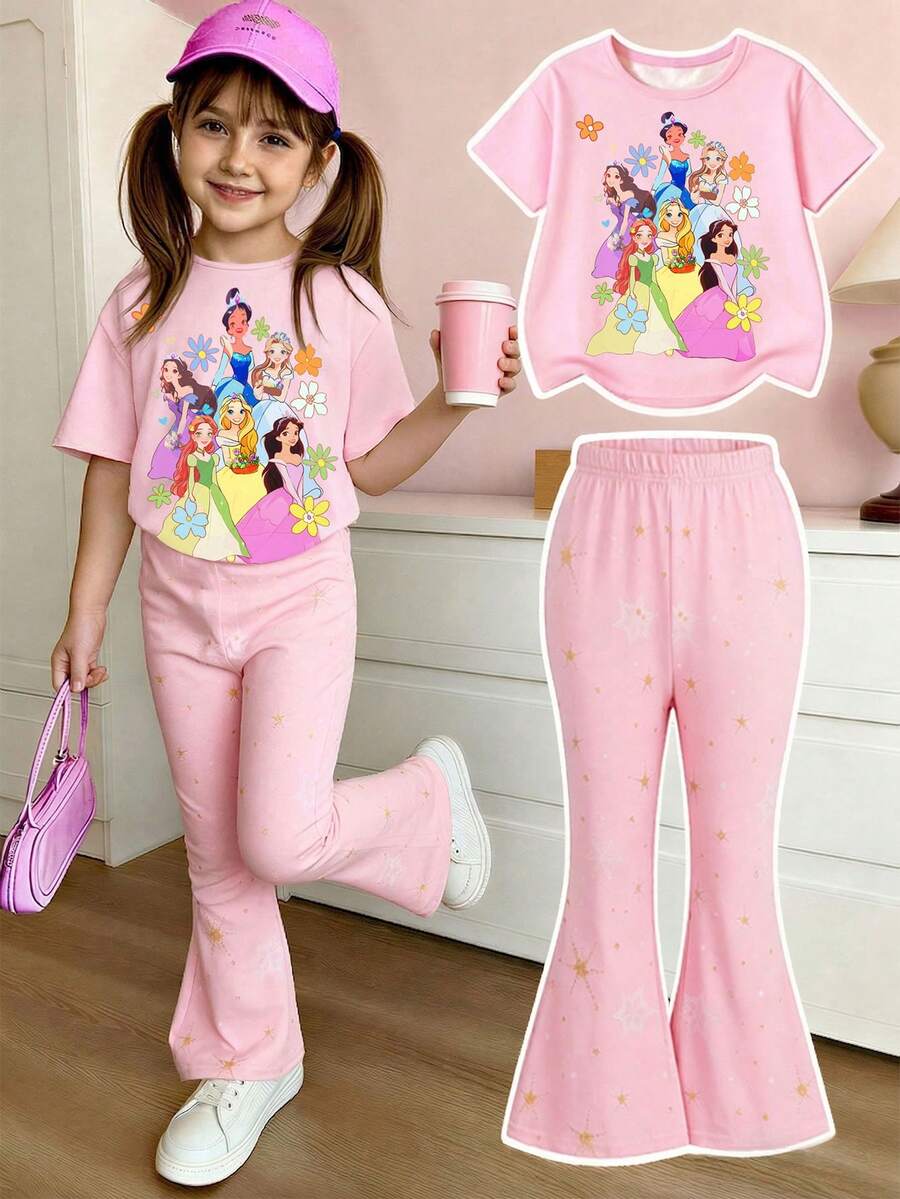 1 set pentru fete, prințesă drăguță cu desene animate, culori strălucitoare și imprimeu cu fulgi de zăpadă cu sclipici, tricou și pantaloni evazați cu mânecă scurtă, casual, confortabil, moale, cu guler rotund, potrivit pentru fete, zi de zi de primăvară/vară, sărbători, festivaluri, atmosferă de primăvară, atmosferă de vară, set de primăvară/vară, relaxat și confortabil, set la modă pentru fete, ținută casual, set de tricou pentru copii cu model dulce de prințesă cu desene animate, set de primăvară/vară, nou-venit, relaxat și plăcut, atmosferă de primăvară, vară proaspătă - Multicolor - Vizualizare 1