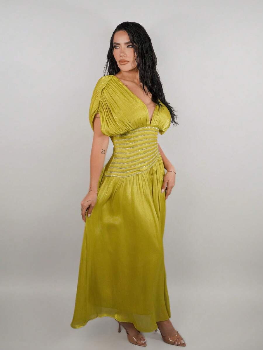 Dania Mndz Shop Elegant Bejeweled V-Neck Short Sleeve Ruched Waist Dress, Women Summer Formal Gown Party - Mustard Yellow - View 1