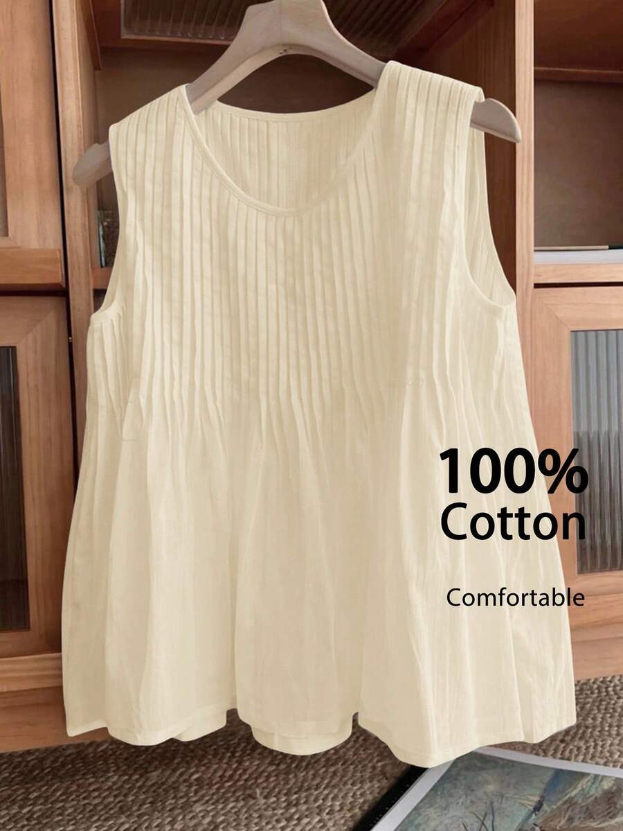 SHEIN LUNE Áo camisole cổ tròn dáng suông, màu trơn, thiết kế xếp ly dành cho nữ cỡ lớn - Màu be - Xem 1