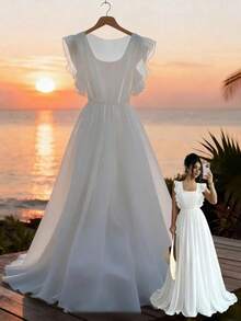 GlowEve Women's Solid Color Chiffon Flared Waist Elegant Flowy Vacation Dress - White - View 7