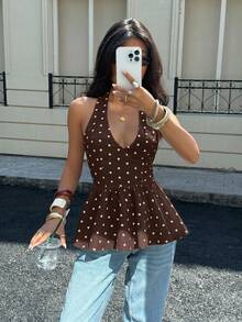 Siren Gaze Top halter con escote en V profundo, volantes en el bajo y estampado de lunares para mujeres - Marrón - Ver 4