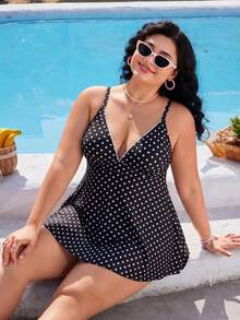 Swim Mod Conjunto de ropa de playa para mujer de talla grande con blusa de escote en V profundo con volantes y estampado de lunares, combinada con pantalones rectos, silueta favorecedora - Blanco y Negro - Ver 6