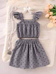 Elladie kids Bộ đồ bé gái (nhỏ) gồm áo croptop hai dây bèo nhún và chân váy xếp ly thắt nơ, trang phục mùa hè ngọt ngào và dễ thương dành cho các bé gái thanh lịch. - Xám - Xem 2