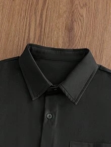 SWAVVY Men's Letter Print Short Sleeve Single-Breasted Casual Pocket Shirt - Black - View 3