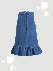 Elladie kids 幼女無袖牛仔洋裝，藍色開學季愛心印花彼得潘領荷葉邊下擺短款棉質洋裝，附口袋，夏季休閒時尚 - 深色水洗藍 - 查看 3