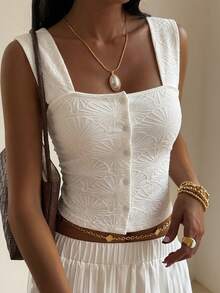 DAZY Women's Summer Vacation Solid Color Jacquard Front Button Fitted Camisole - White - View 3