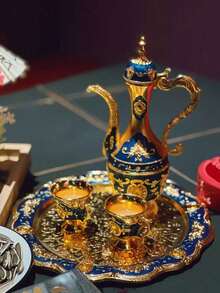 一套欧式豪华金属茶具，包括1个珐琅雕花茶壶、1个托盘和6个茶杯，适合优雅家居装饰，日常饮用茶或咖啡。 - 彩色 - 查看 5