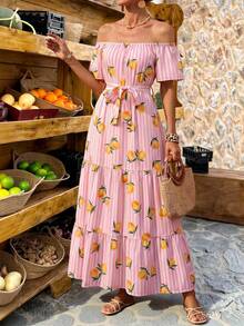 YkhahaFlora Isola Flora Isola Vestido de verano casual de mujer con estampado de limón a rayas y hombros descubiertos, manga corta, cintura acampanada - Vestido de vacaciones para mujerYkhaha - Rosa - Ver 10