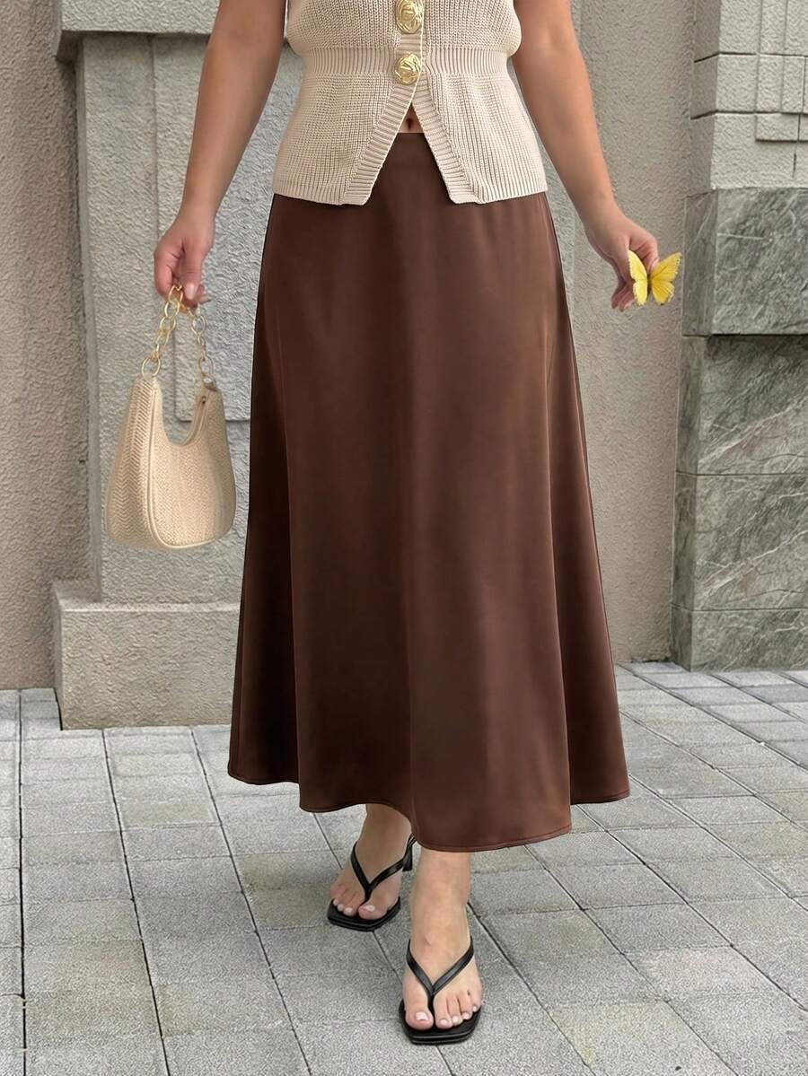 Dripcurv Falda elegante de talla grande de unicolor, adecuada para ir al trabajo en verano - Café integral - Ver 1