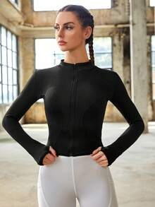 Jacket thể thao Dây kéo màu trơn - màu đen - Xem 4