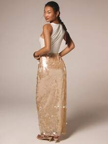 COSMINA Chân váy sequin cạp thấp thanh lịch dành cho nữ, thích hợp cho kỳ nghỉ, đi biển, hẹn hò, dự đám cưới, mùa xuân/hè. - Màu be - Xem 2
