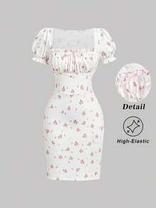 SHEIN MOD 女士花瓣袖方领修身迷你连衣裙 - 彩色 - 查看 3