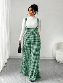 SHEIN Tall CURVE 大码女式格子口袋休闲百搭日常背带裤阔腿裤 - 墨綠色 - 查看 1