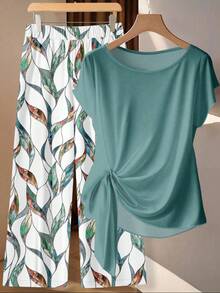 SHEIN Tall CURVE 大码夏季休闲纯色蝙蝠袖上衣和印花长裤两件套 - 彩色 - 查看 4