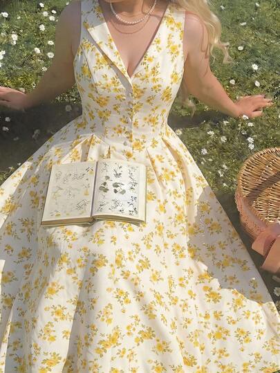 SHEIN MOD Vestido midi con botones en el frente, cintura ceñida y estampado floral para talla grande, vestido de playa, vacaciones, Día de San Valentín, vestido floral, atuendos de primavera/verano, fiesta, ropa de vacaciones, cumpleaños, festival, boda, vestido de cumpleaños, vestido de té, vestido floral para mujer, vestido de primavera, vestido de verano, vestido estilo cottage, vestido floral amarillo, vestido amarillo
