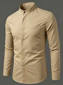 Calvornis Men's Solid Color Business Wrinkle-Resistant Moisture-Wicking Quick-Dry Formal Shirt, Spring/Summer, Ceremony - Khaki - View 3