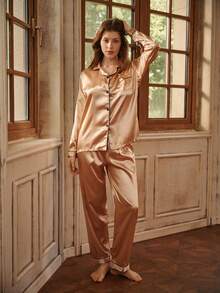 Bisouelle Bộ đồ ngủ satin viền tương phản, trang phục thu đông ấm áp và thanh lịch - Rượu sâm banh - Xem 3