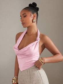 Hauture Women's Solid Color Draped Neck Casual Versatile Daily Wear Top - Baby Pink - View 5