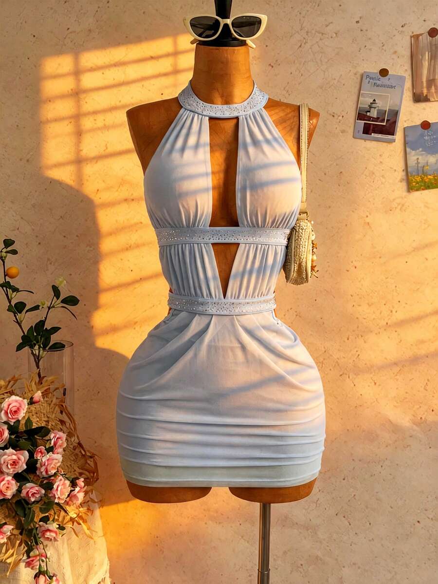 Soleia Women's Light Blue Summer 70s Mini Dress,Hollow-Out Backless Halter Ruched Rhinestone Embellished Boho Beach Vacation Night Out Party Dress - Blue - View 1