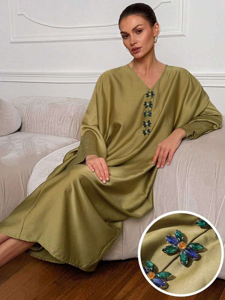 Women's Rhinestone Decor Long Sleeve Loose Elegant Nightgown