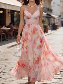 SHEIN Franclia 女士夏季新款浪漫复古宫廷风海滩度假连衣裙，适合日常聚会、约会和派对，印花荷叶边下摆 - 粉色 - 查看 8