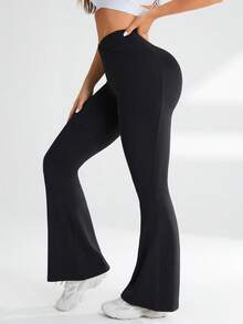 Breezaya Plus Size Women Sexy Minimalist Solid Color Backless Halter Top And High Waist Leggings Sports Suit - Black - View 5