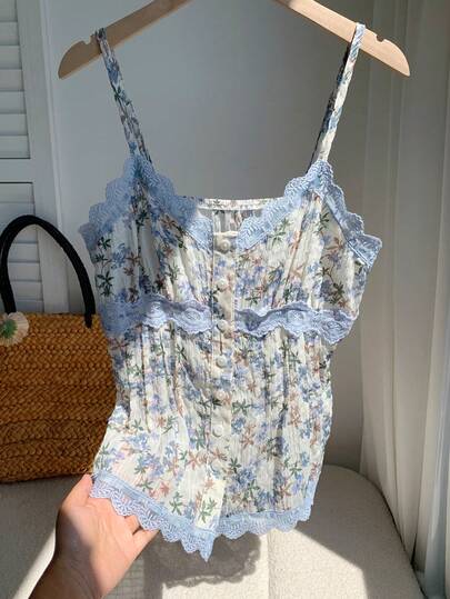 Comfortcana Women's Summer Beach Vacation Ditsy Floral Contrast Lace Camisole