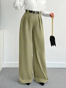 SHEIN Tall 女款純色高腰寬腿長褲，適合高個女性 - 橄欖綠 - 查看 3