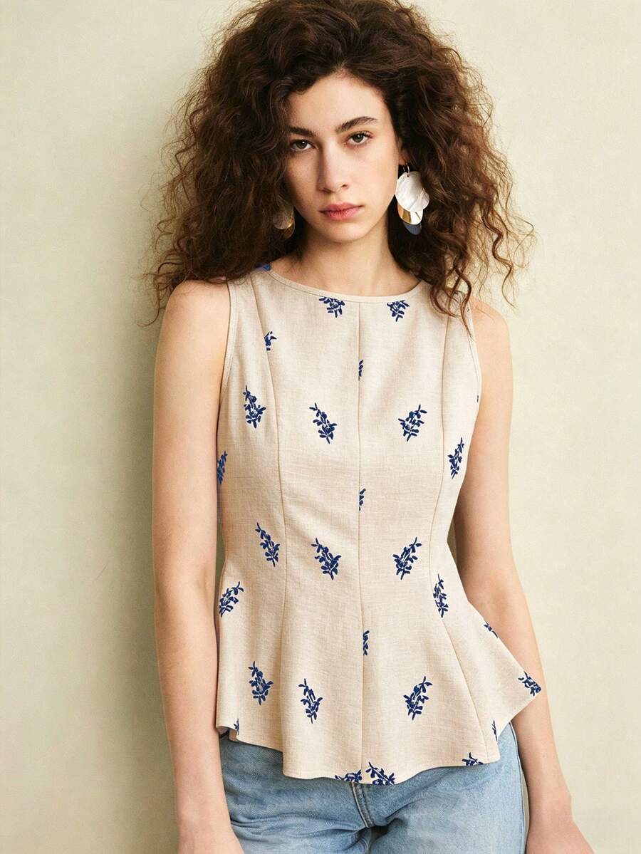 Écloséra 女士藏蓝色刺绣花卉衬衫，修身拉链束腰上衣，适合日常、度假、通勤、居家、约会、节日、露营等各种场合。 - 卡其色 - 查看 1