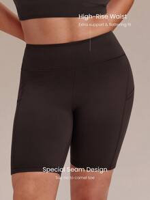 GLOWMODE 8" Plus Size FeatherFit™ All Day Sculpt Buttery-Soft High Rise Biker Shorts With Side Pockets Yoga Pilates Studio Daily Wear - Coffee Brown - View 4