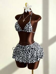 Zestiva Nuevo conjunto de bikini de 3 piezas con estampado de leopardo sexy, traje de baño informal con espalda anudada para vacaciones en la playa - Multicolor - Ver 4