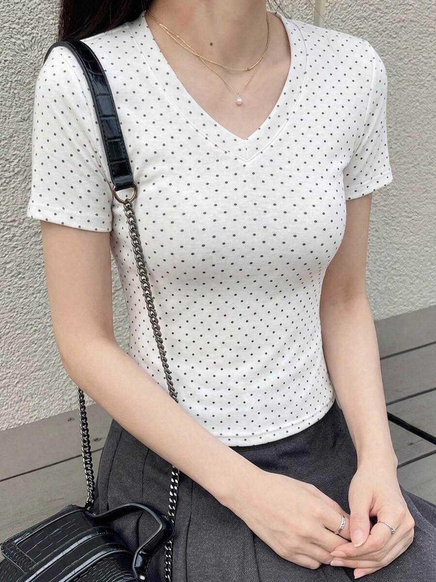 Dazy Tall Áo thun dài tay nữ dáng cao, kiểu dáng thường ngày, họa tiết chấm bi và ren. - Đen và trắng - Xem 1