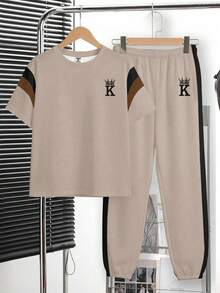 SHEIN Ensemble t-shirt à manches courtes col rond minimaliste et pantalon décontracté et confortable pour pré-adolescent - Multicolore - Voir 2