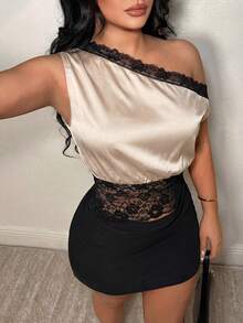 Lavishia 女士优雅撞色蕾丝拼接不对称领衬衫，夏季 - 杏色 - 查看 6