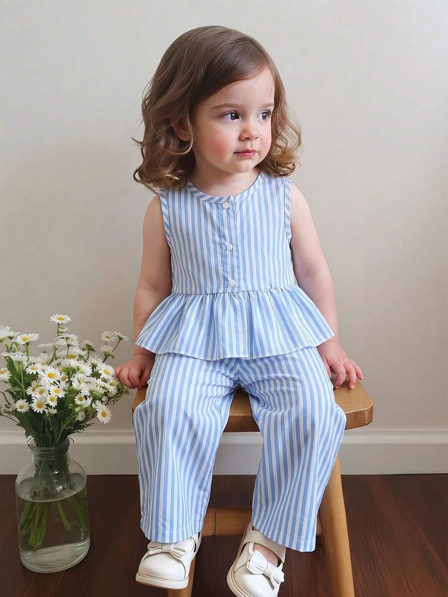SHEIN 2pcs Baby Girl Cute Blue White Stripe Summer Clothes Set Sleeveless Peplum Tank Top & Wide Leg Pants Infant Toddler Family Matching Holiday Outfits
