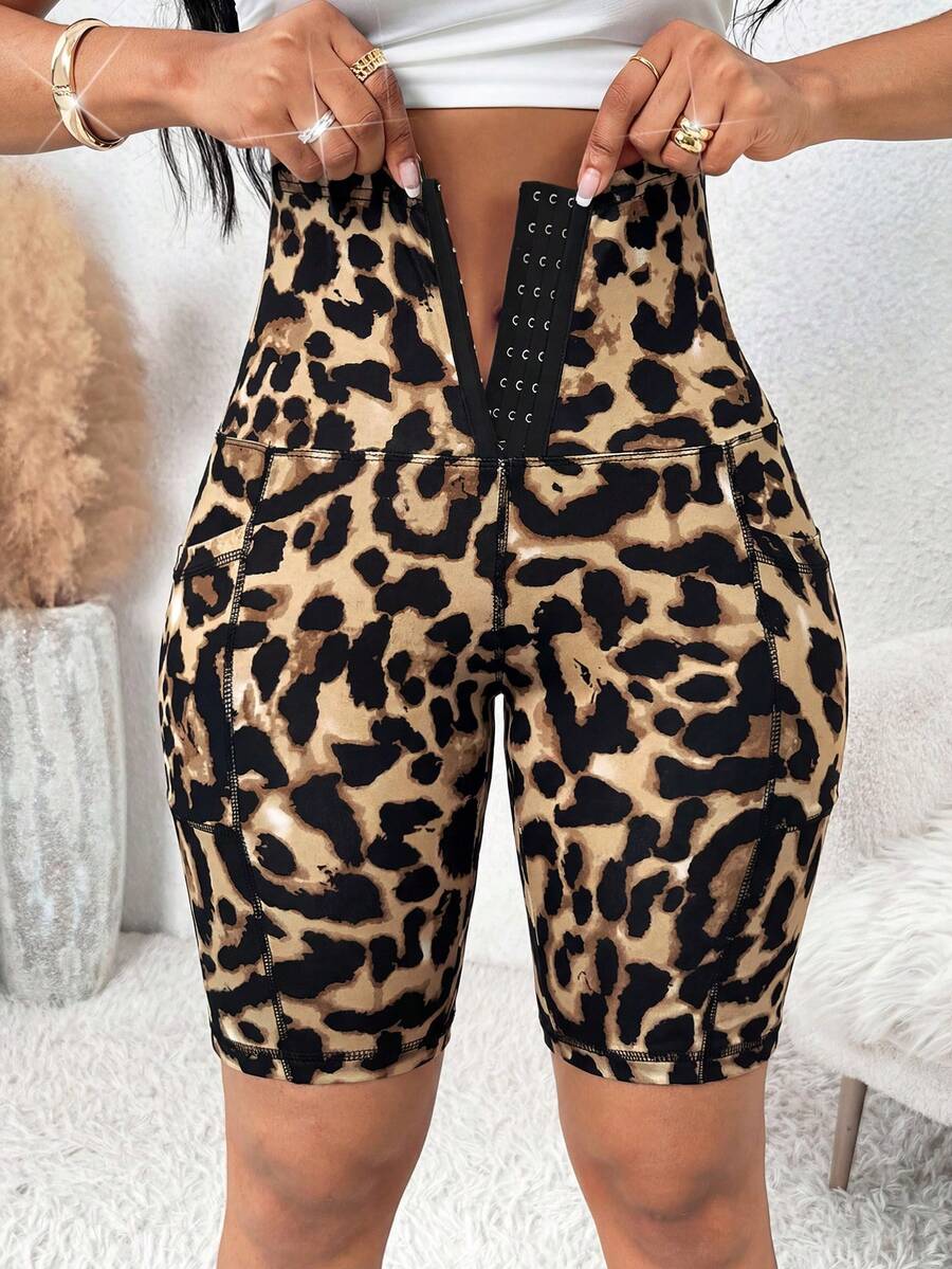 SHEIN Lady Women's Leopard Print Front Button High Waist Skinny Shorts - Multicolor - View 1