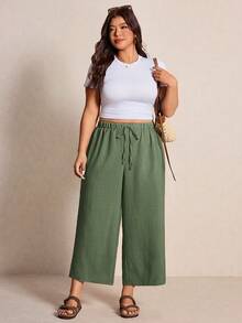 Elaquor Plus Size Women Solid Color Drawstring Waist Casual Pants - Army Green - View 4