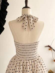 Vestido de mujer elegante y clásico vintage, vestido de lunares con cuello de halter ajustado y lazo para primavera/verano - Caqui - Ver 6